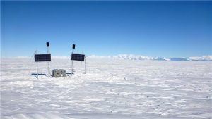 Continuous GPS station deployed on the southern Ross Ice Shelf, Antarctica. Photo by Matthew Siegfried.