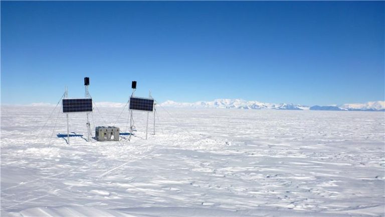 Continuous GPS station deployed on the southern Ross Ice Shelf, Antarctica. Photo by Matthew Siegfried.